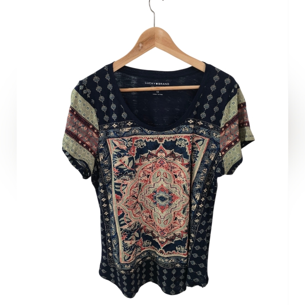 NWT Lucky Brand Womens  Modal Blend Low Neck Short Sleeve Print Top Size 1X